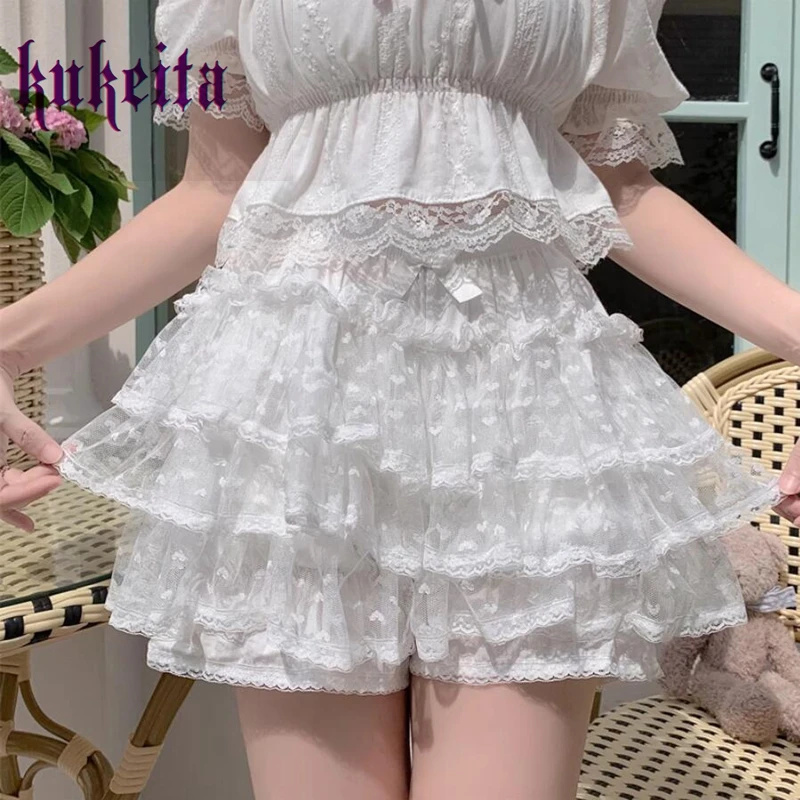 Harajuku Kawaii Black White Pumpkin Pants Women Japan Sweet Lace Ruffles Mesh Patchwork Lolita Safety Shorts Cute JK Bloomers