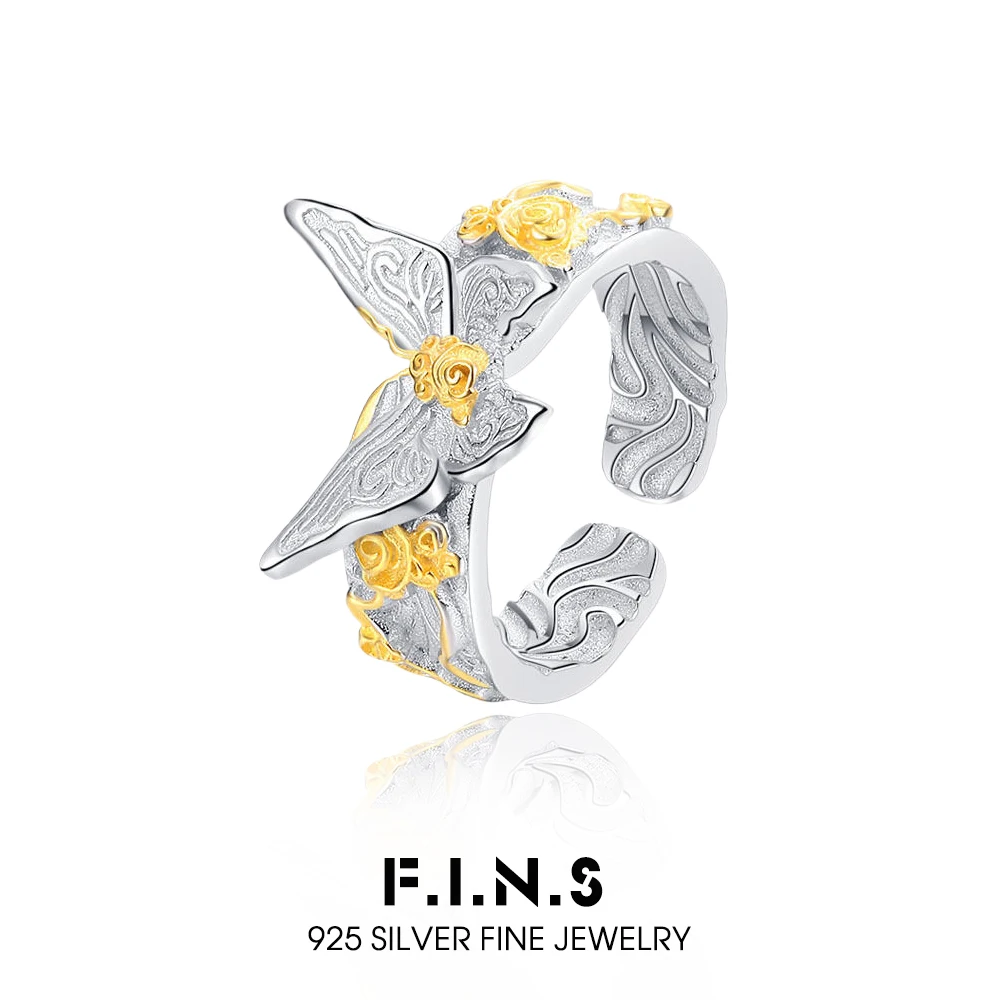 

F.I.N.S кольцо-бабочка из стерлингового серебра S925 с цветными блоками, арабеск, кольцо с бабочкой для женщин, золотое гравированное флора, ювелирные изделия с открытым пальцем