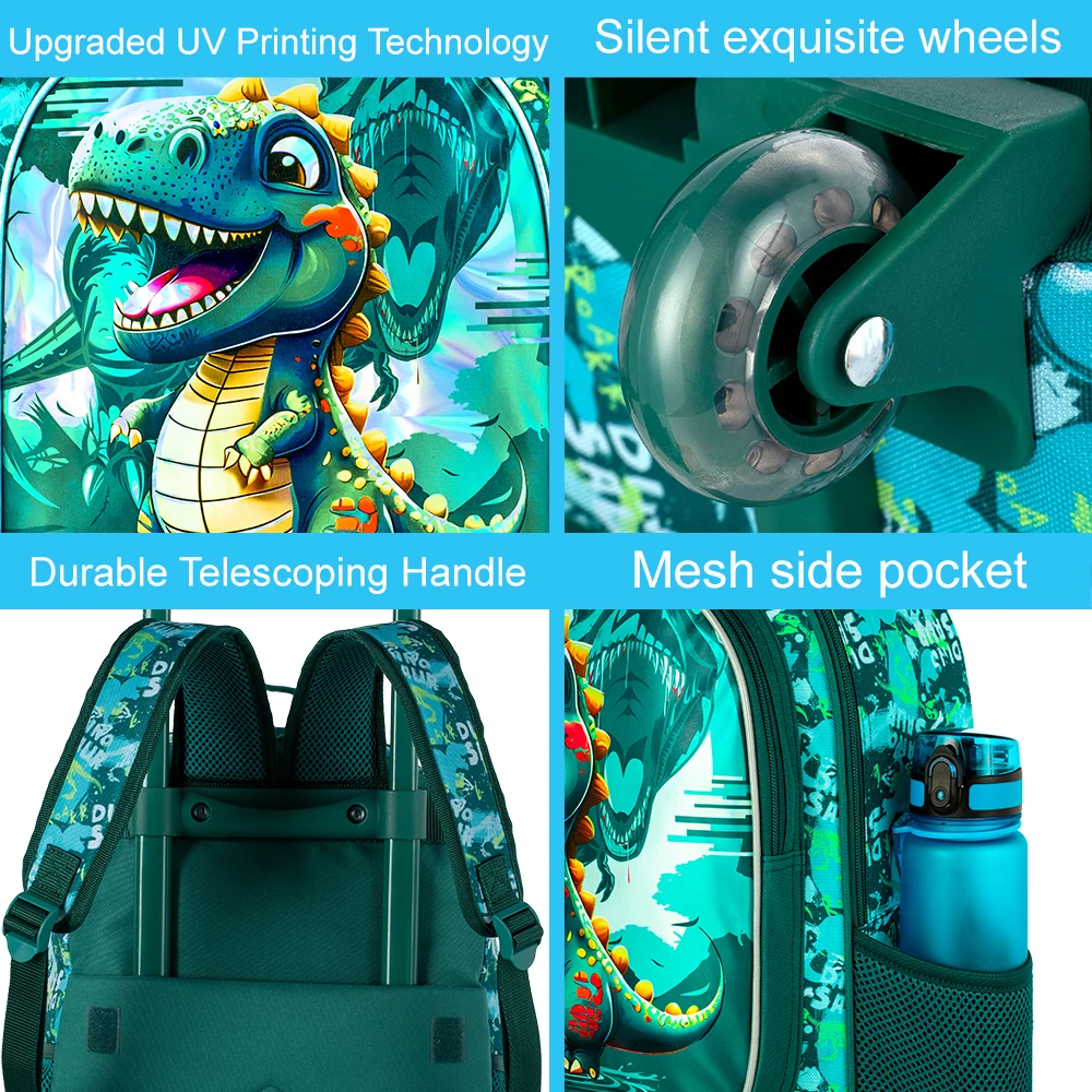 3PCS Dinosaur Rolling Backpack for Boys, Kids School Backpacks with Wheels, Water Resistant Uv Printed Roller Wheeled Bookbag