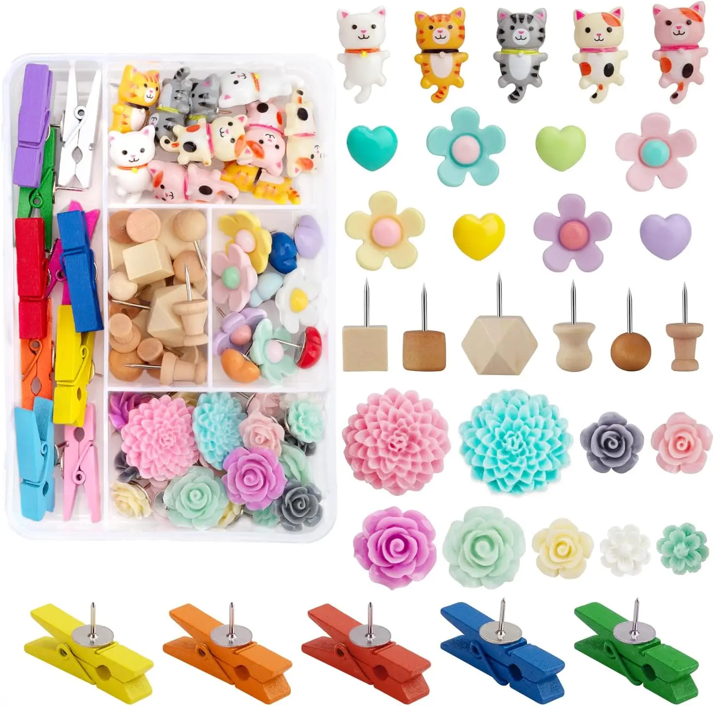 

72PCS Cute Cat & Flower Push Pins for Cork Board, Decorative Thumb Tacks Assorted Colors, Office Desk Accessories