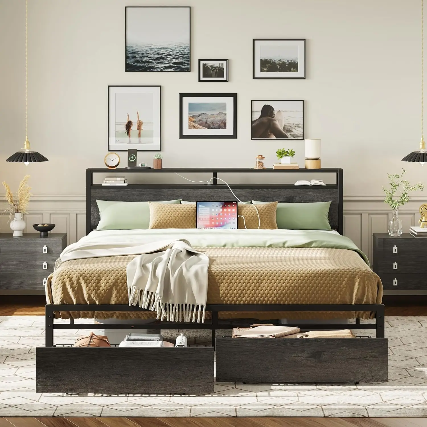 

California King Bed Frame with Storage Headboard, Platform Bed with Drawers and Charging Station, No Box Spring Needed, Easy