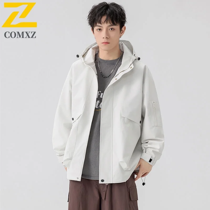 

​Men Outdoor Hiking Jacket Windproof Waterproof Mountain Style Solid Color Windbreaker for Autumn Hooded Camping Climbing​ Coat