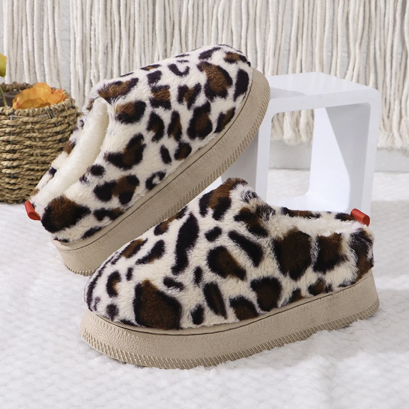 Autumn Winter Leopard Womens Snow Boots Warm Casual Boots Wool Thick Soles Without Heel-covered Hair Half Slipper Cotton Shoes