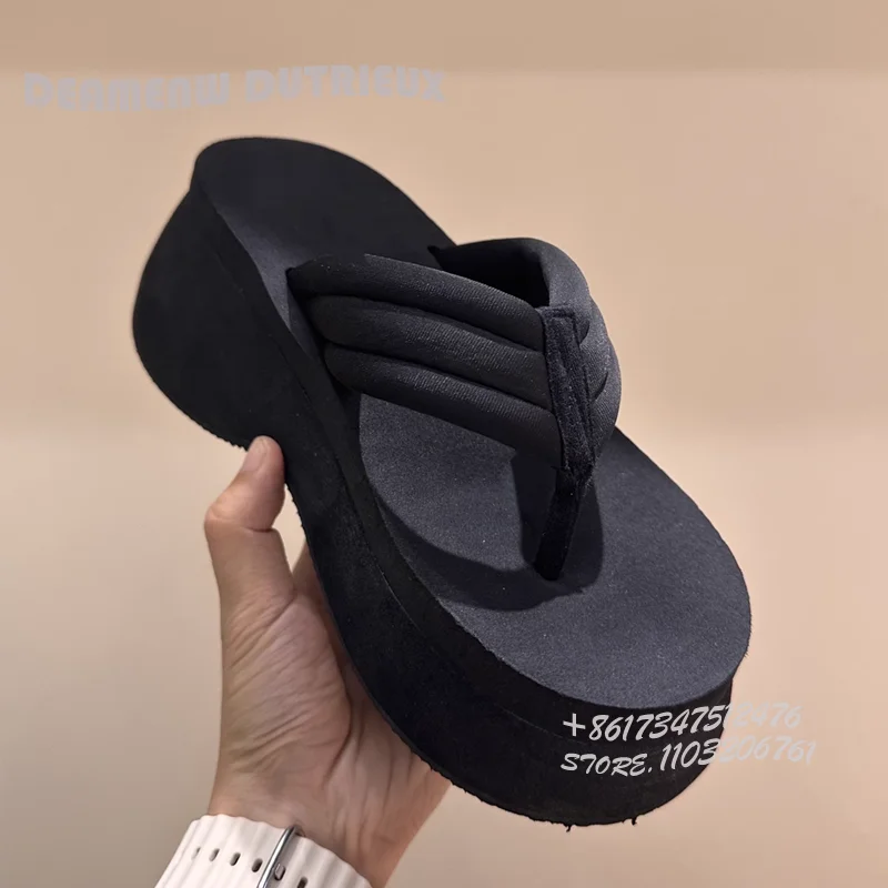 

Sponge Velvet Leather Flip Flops Black Women Open Platform New Heel Sandals Summer Beach Vacation Casual Girls Thick Sole Shoes