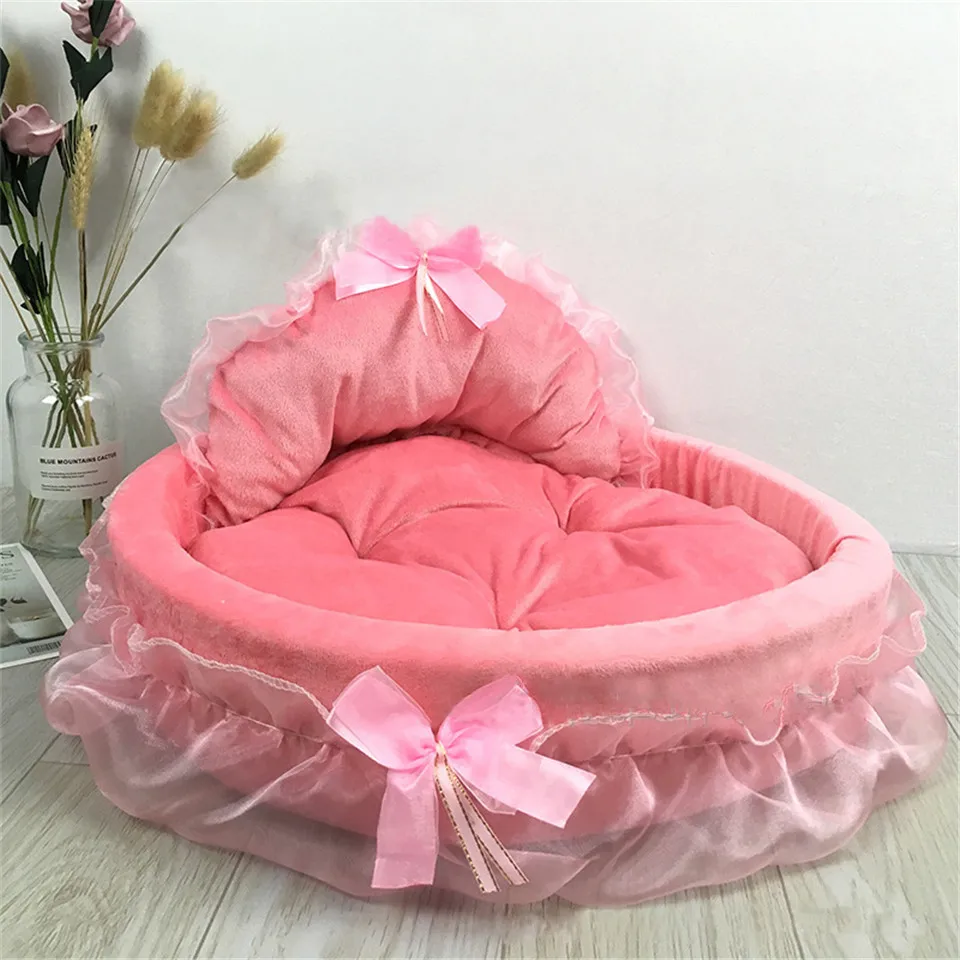 Hanpanda Fantasy Bow Lace Dog Bed Beds For Large Dogs Detachable Oval Pink Princess Pet Bed Basket For Dog Pet Wedding Furniture