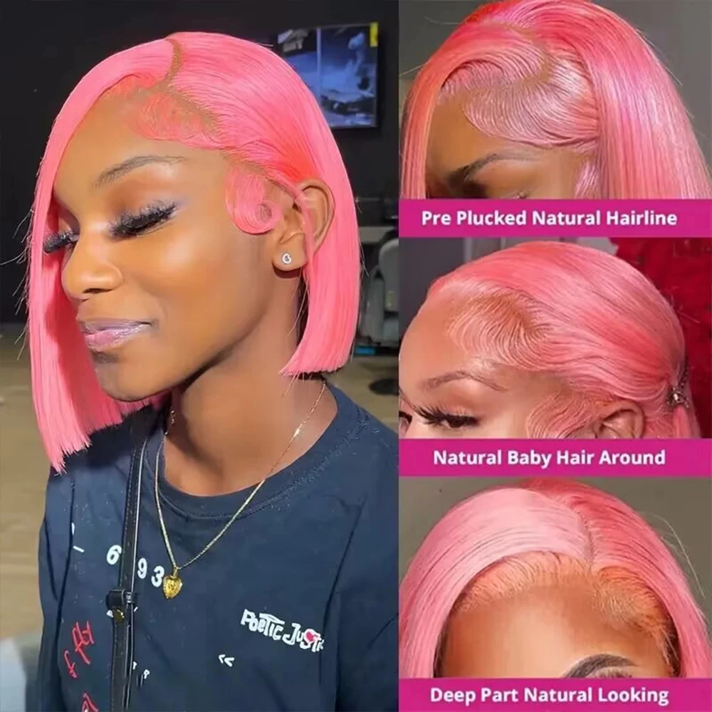 Perruque Bob Lace Wig naturelle brésilienne Remy, cheveux courts, rose, densité 200%, 13 age, pre-plucked