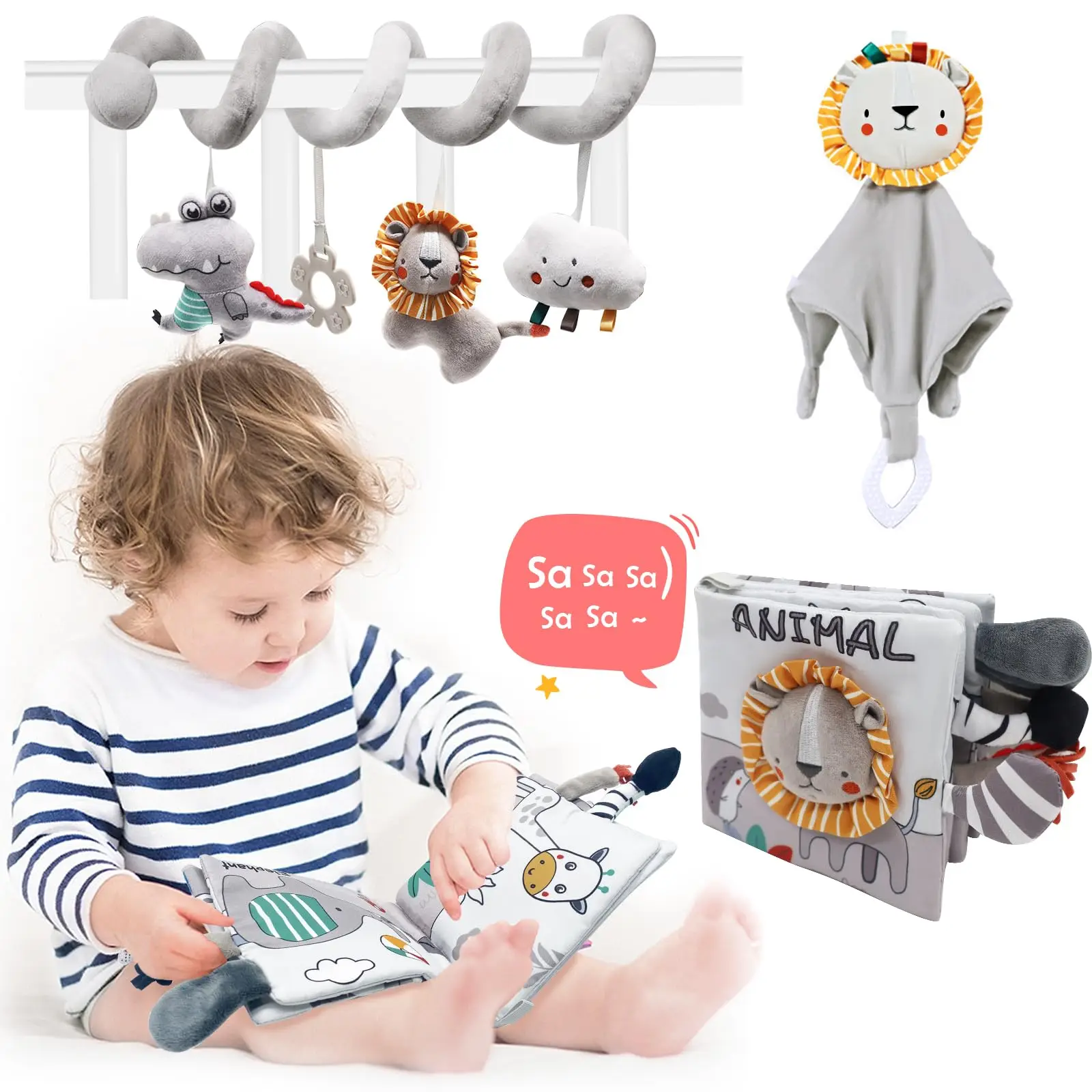 Cartoon Spiral Hanging Rattles Toys High Contrast Sensory Soft Book and Baby Security Blanket for Ages 0 Months and Up Newborn