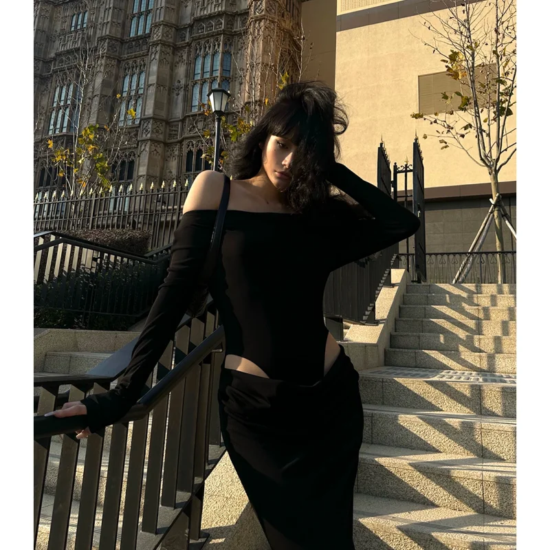 2023 Summer Womens Black Sexy Dress Strapless Hollow Out Europe and America Fashion Luxury Spicy Girl Female NEW Long Dress