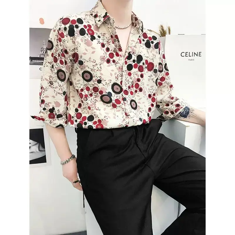 Retro Trendy Summer New Print Men\'s Ice Silk Fabric Single Row Multi Button Fashion Versatile Casual 3/4 Sleeve Shirt Tops