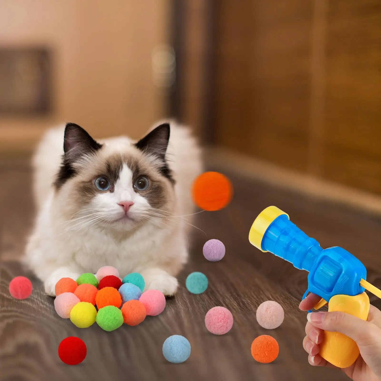 Cat Toy Balls,1 Cat Ball Launcher and 100Pcs 1.2inch Cat Pom Pom Balls Colorful and Soft Cat Balls Toys Cat Fetch Shooter for In