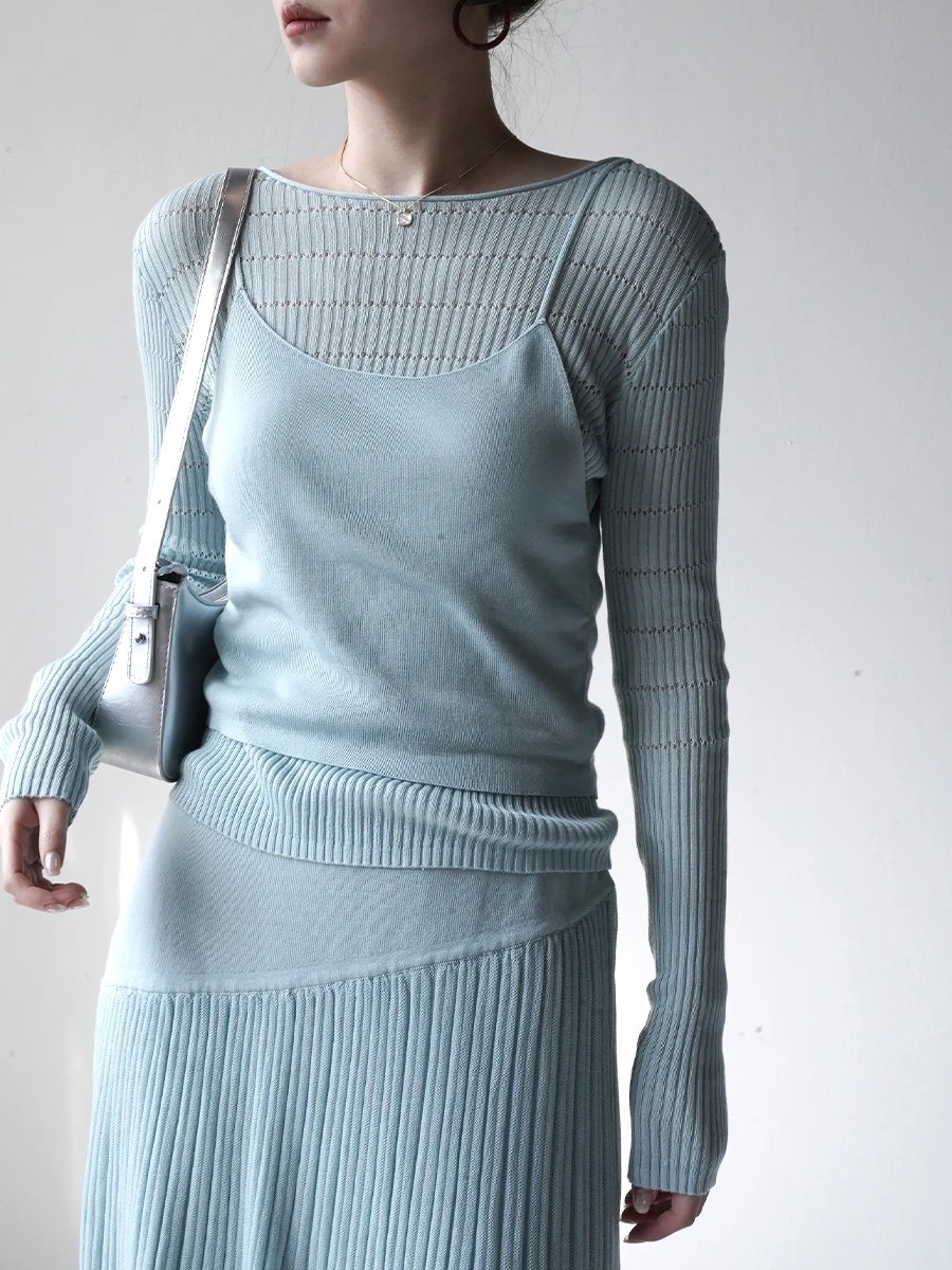 

Warmo Rce Lenzing Silk Long Sleeve Knitted Top Outerwear Sunscreen Hollow out Design Slimming Effect Spring Summer Outfit Set