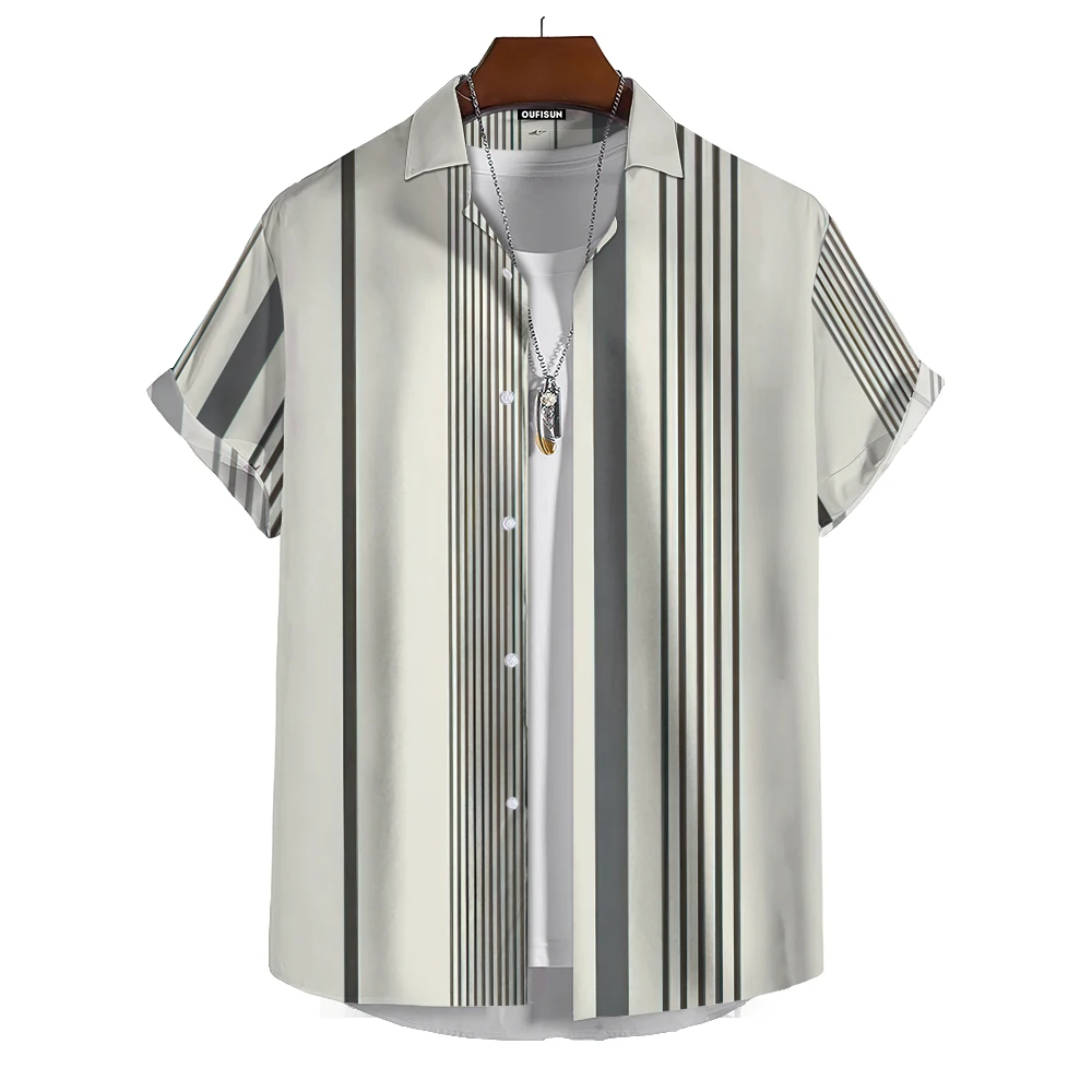 Summer Fashion Men\'s Printed Short Sleeve Shirt Stripe Print Street Daily Casual Men\'s Shirt Oversized Tops Size S-5XL