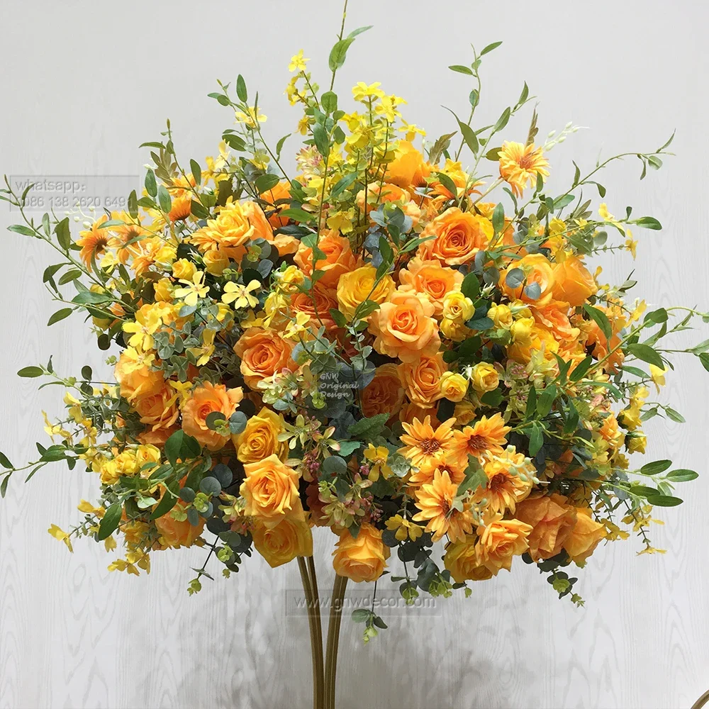

On-Demand Sales Simulation Yellow Orange Artificial Desktop Bouquet Wedding Hydrangea Flower Balls for Wedding Decor