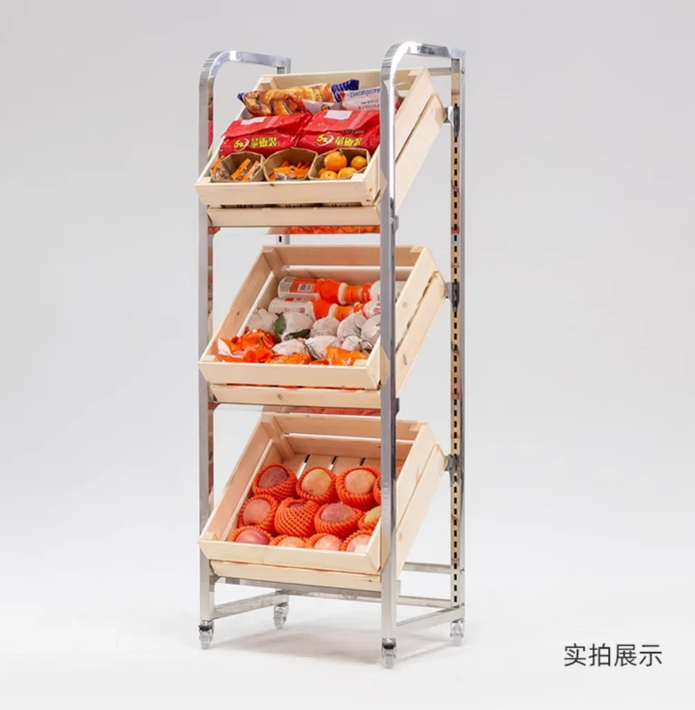 Stainless steel storage display rack Convenience store fruit shelves solid wood frame red wine display rack