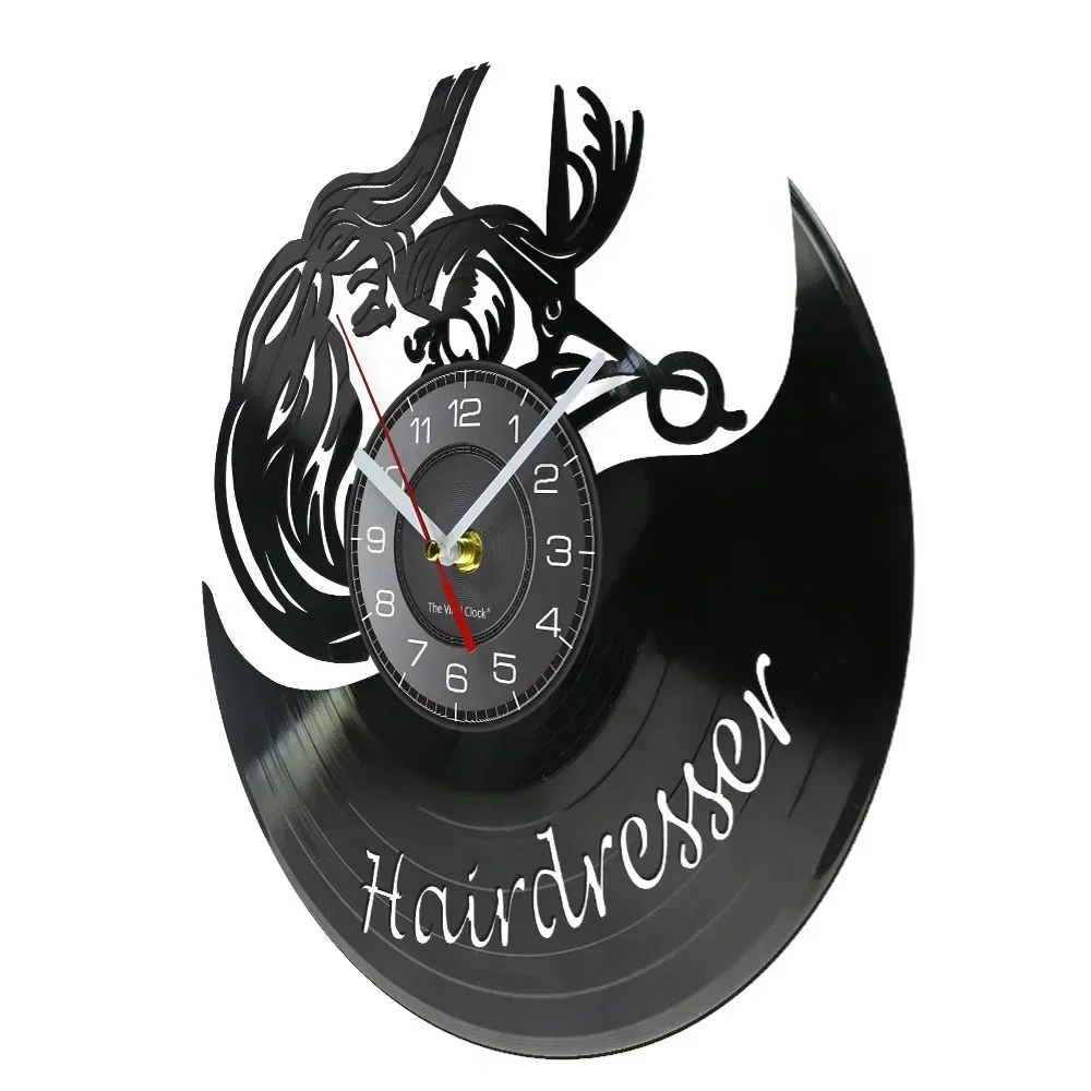 Hairdresser Black Retro Wall Clock Made of Vinyl Record Hair Salon Decor Scissor Barbershop Hairdo Sign Wall Watch Stylist Gift