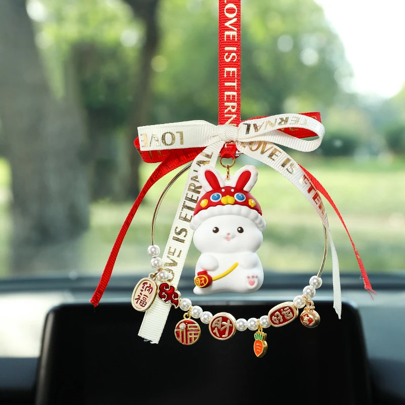 New Luxury Car Safety Pendant Cute Zhaocai Rabbit Rearview Mirror Pendant New Year Decoration Lady Car Interior Accessories