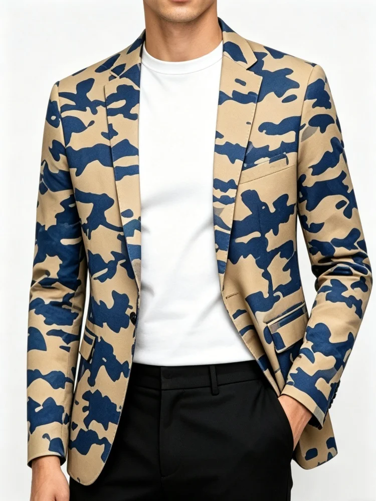 Men's Khaki Navy Camo Print One Button Blazer Notched Lapel Slim Fit Casual Suit Jacket Street Club Party Daily Outerwear