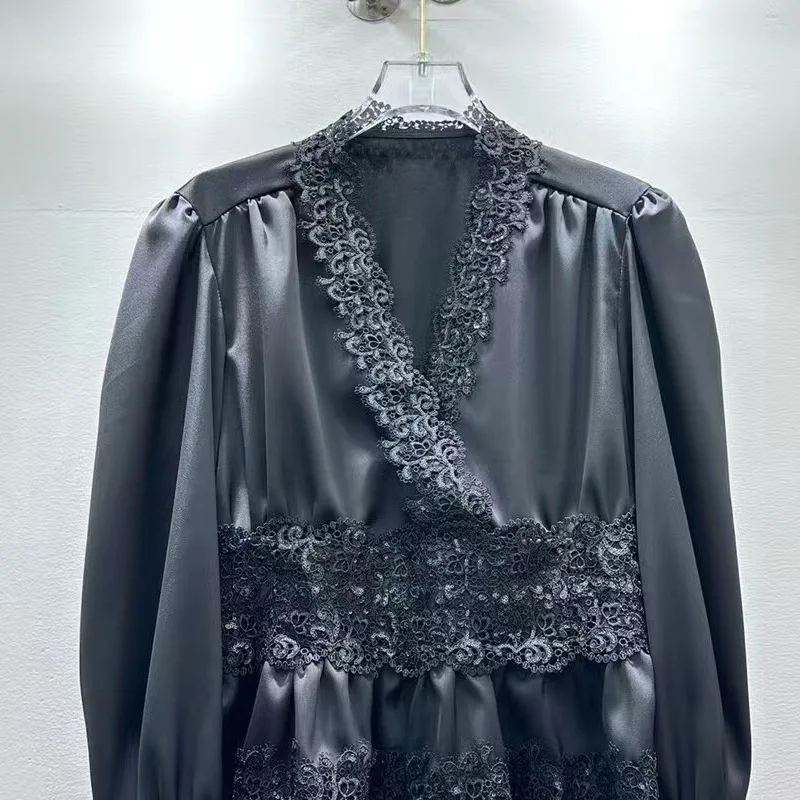 

Французская рубашка с v-образным вырезом и блестками, кружевная лоскутная рубашка с расклешенными рукавами для женщин, осенняя высококачественная уникальная атласная блузка с застежкой на талии