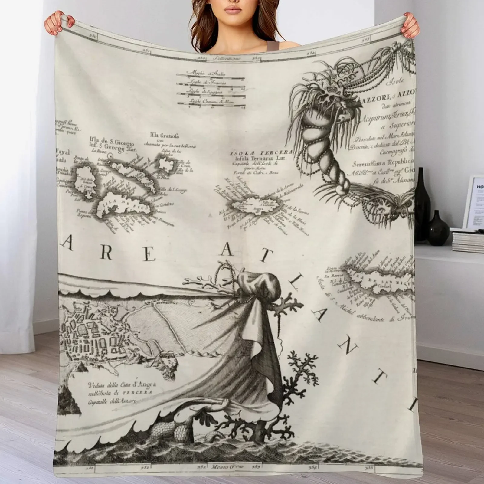 

Old Azores Islands Map (1690) Vintage Portuguese Isles Atlas Throw Blanket Beautifuls Shaggy Large Single Blankets