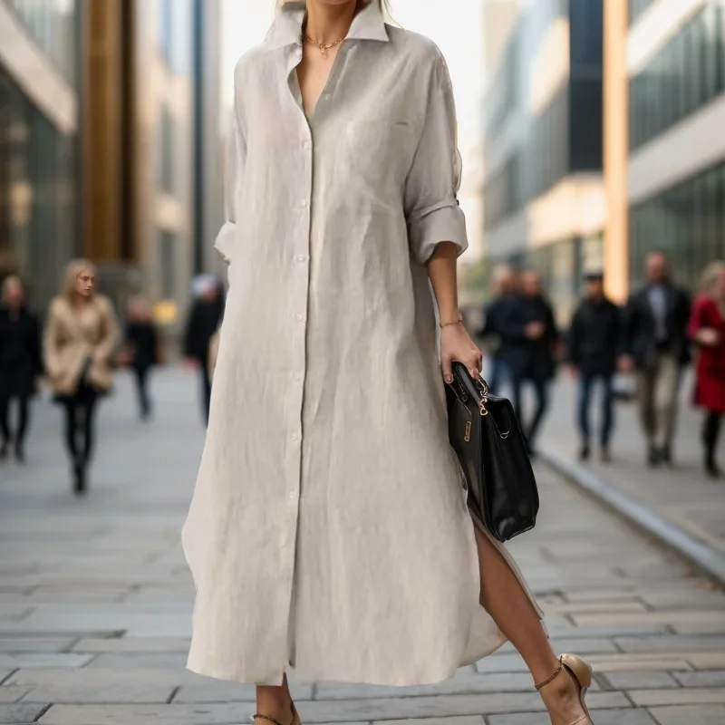 Women Elegant Turn-down Collar Long Dress Casual Female Slit A-Line Dress Solid Color Fashion Single-breasted Loose Shirt Dress