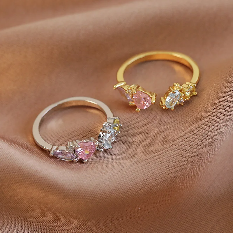Ring Open Geometric Zircon Pink Heart Pave Minimalist Unique Elegant Lightweight Durable Premium for Women Daily Gift