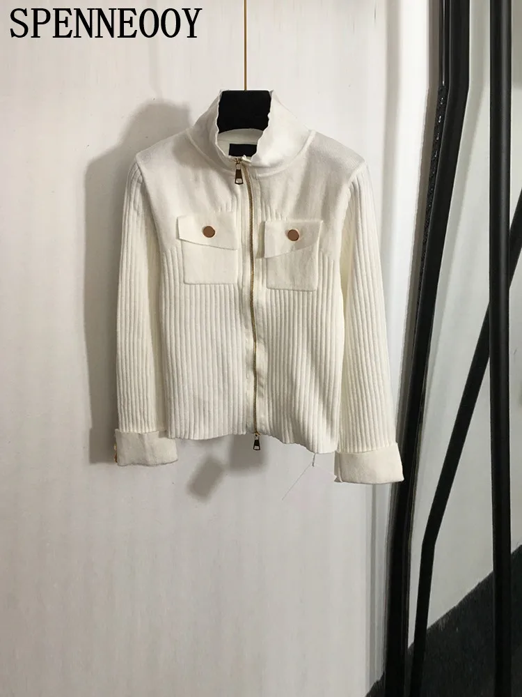 

SPENNEOOY Fashion Runway Autumn White Color Knitting Cardigan Women's Stand Collar Multi Button Long Sleeve Pocket Sweaters