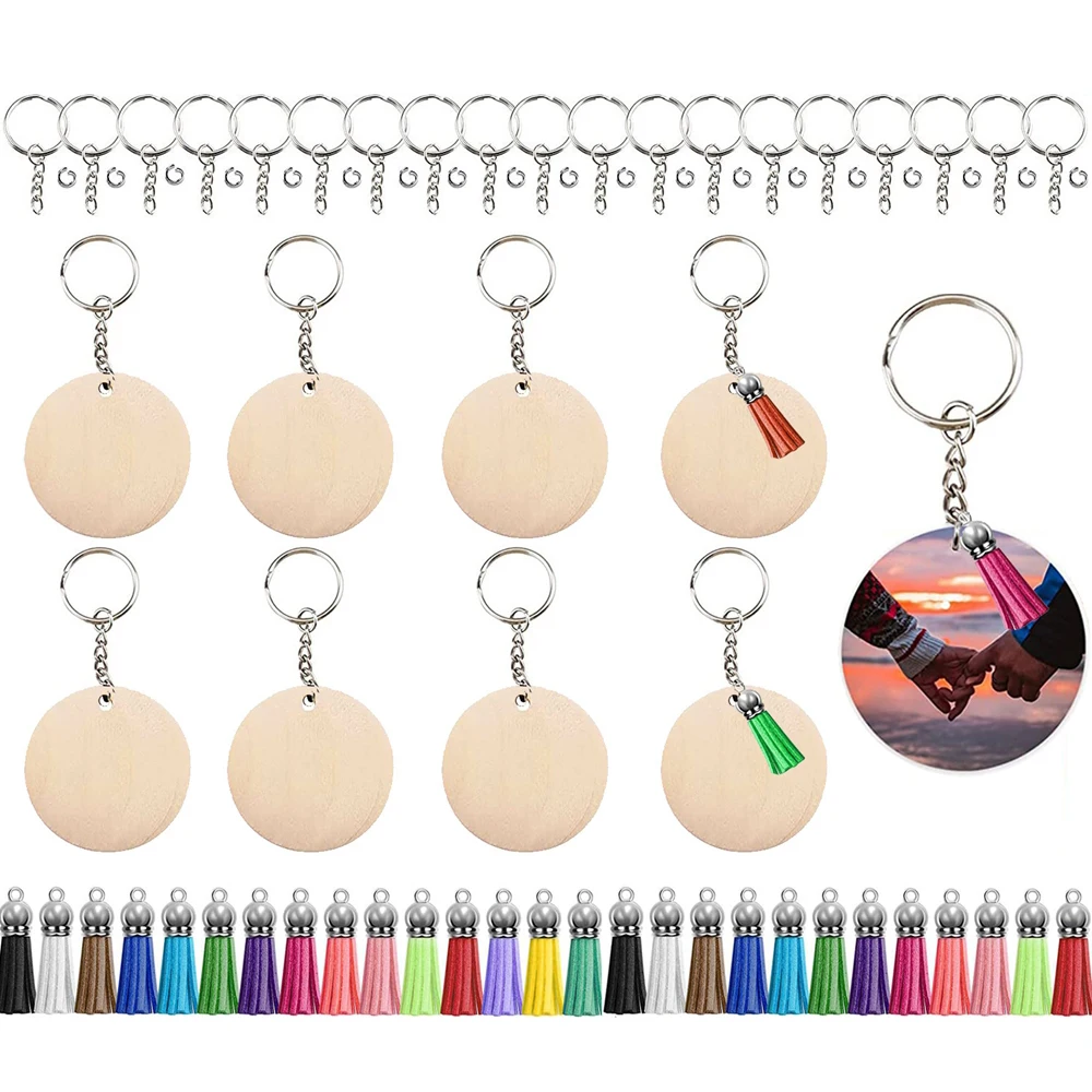 40pcs DIY Wood Keychains Blanks Tassel Charms Set Round Rectangle Wooden Ornaments Blank Key Rings Keychain Tassels Jump Rings