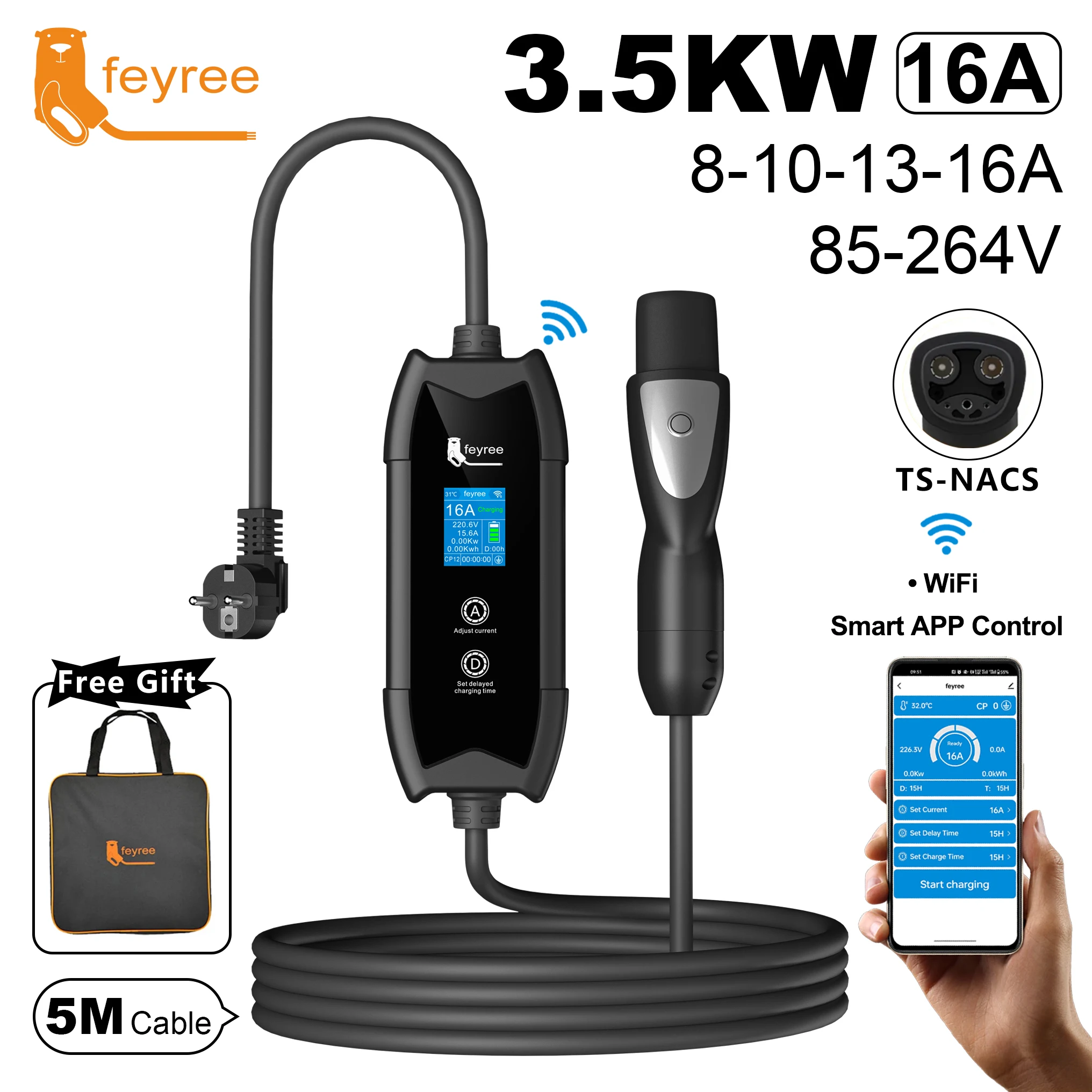 feyree EV Charger TS-NACS Socket 16A 3.5KW APP Control EVSE Portable Charging for Tesla Cars Models 3/Y/S/X Set Charge&DelayTime