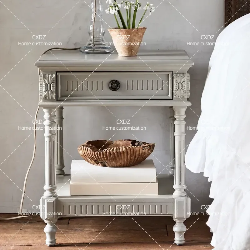 Gray Bedside Table Solid Wood Edge Nightstand Small Bedroom Side Table Living Room Sofa Corner Cabinet Household Storage