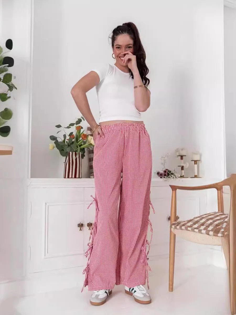 ファッショナブルな夏の格子柄ベルト付きワイドレッグパンツ、女性用通勤スリムカジュアルパンツ、lウエスト、ポリエステル繊維プリント