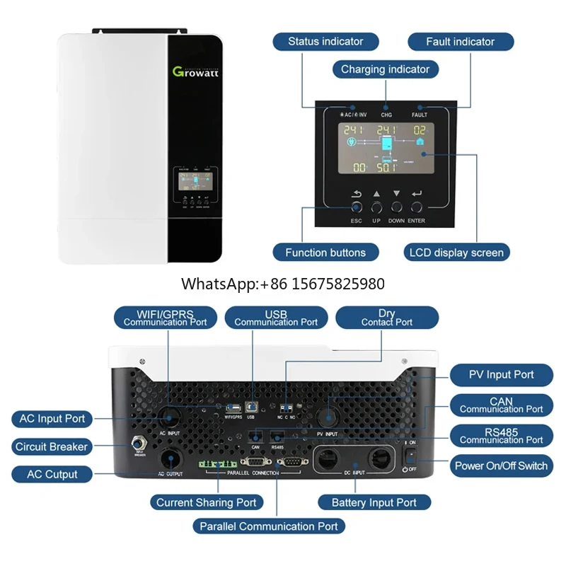 Single Phase 5KW Growatt Solar Inverter SPF 5000ES Off Grid 48V 230V Wifi