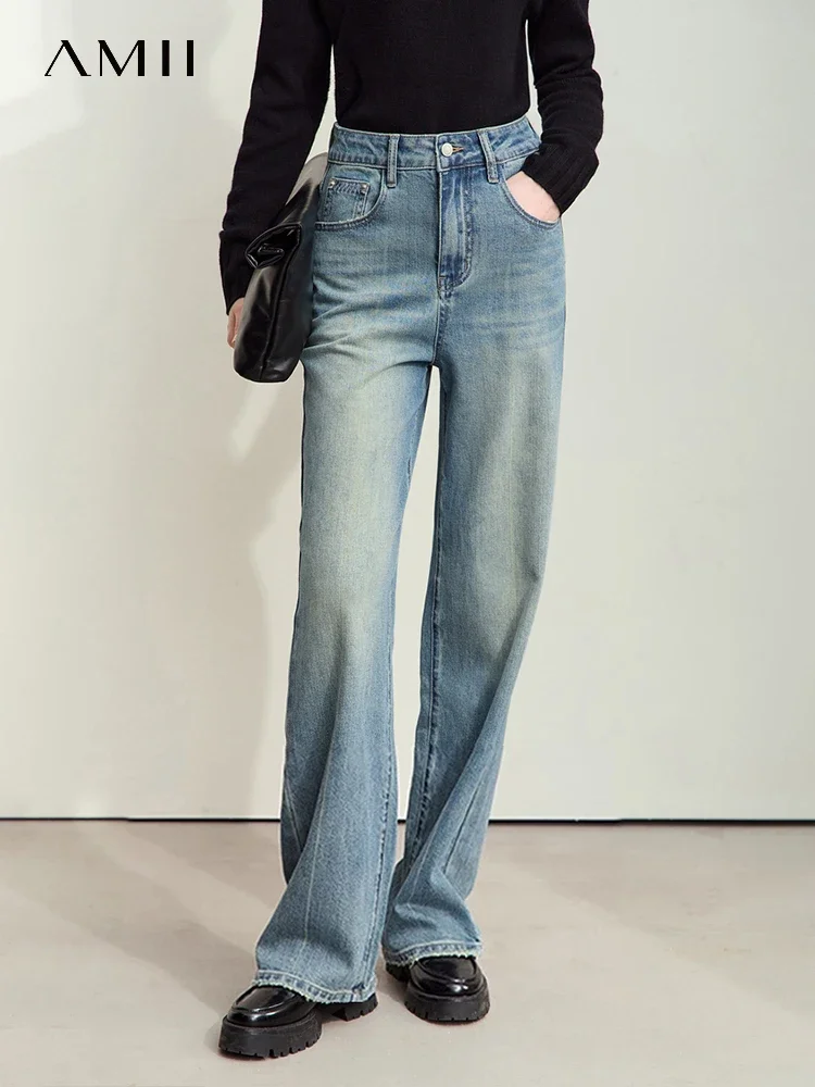 

Amii Minimalism jeans pants for woman 2025 Autumn New Cotton Printed Leather Color Contrast Straight Retro Trendy Pants 12423076