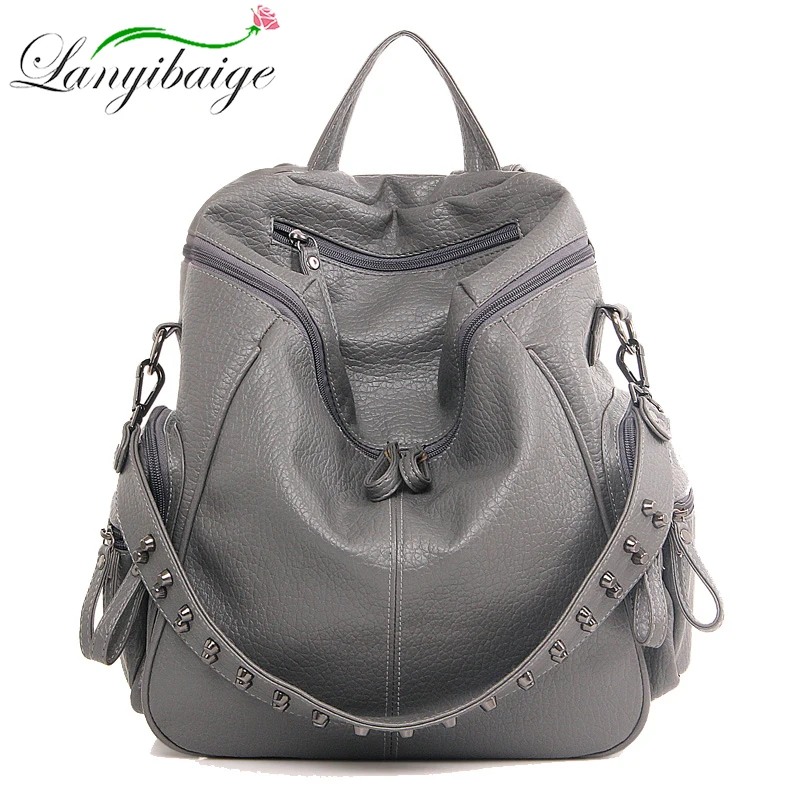 3-in-1 Brand Woman Backpack High Quality Leather School Bags Rivet Moto Style Women Backpacks Vintage Soft Lady Shoulder Bags