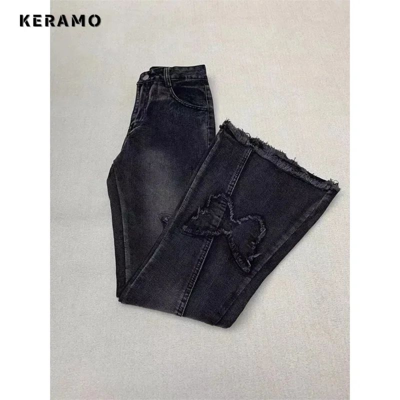 2024 Winter Harajuku Scheide hohe Taille ausgestellte Jeans süße Schmetterling Retro Y2k Hosen Damen Vintage schlanke Street Denim Hose