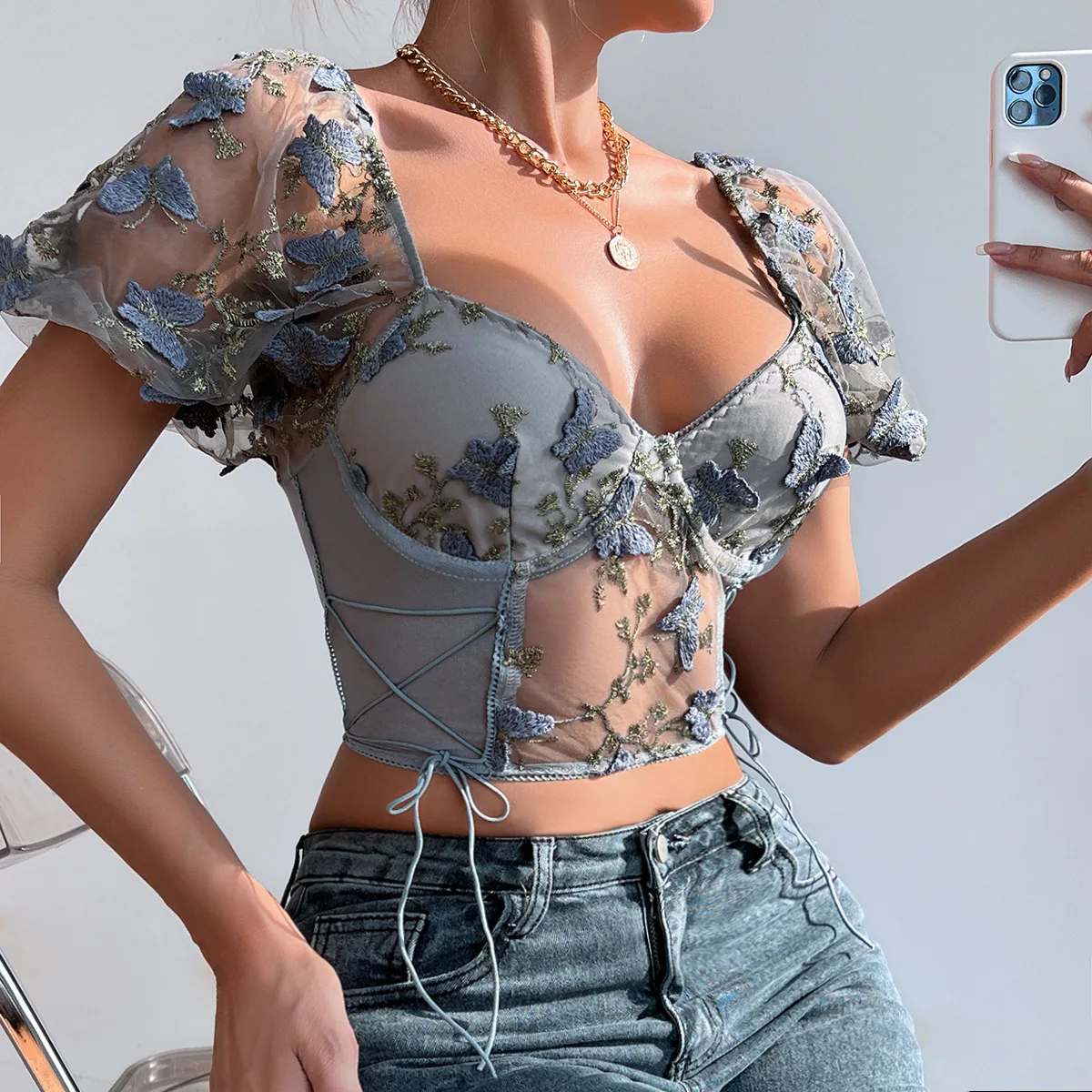 Bubble Sleeve Bustier Corset Tops Women Embroidery Butterfly Mesh Tank Top Casual Slim Waist Lace-up Crop Top Camis T-shirt Y2K