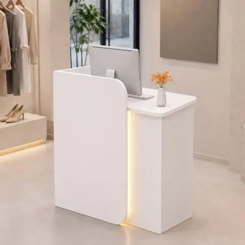 Small Reception Desk with Lockable Drawer, White Retail Counter with LED Light Strip, Modern Front Desk & Checkout