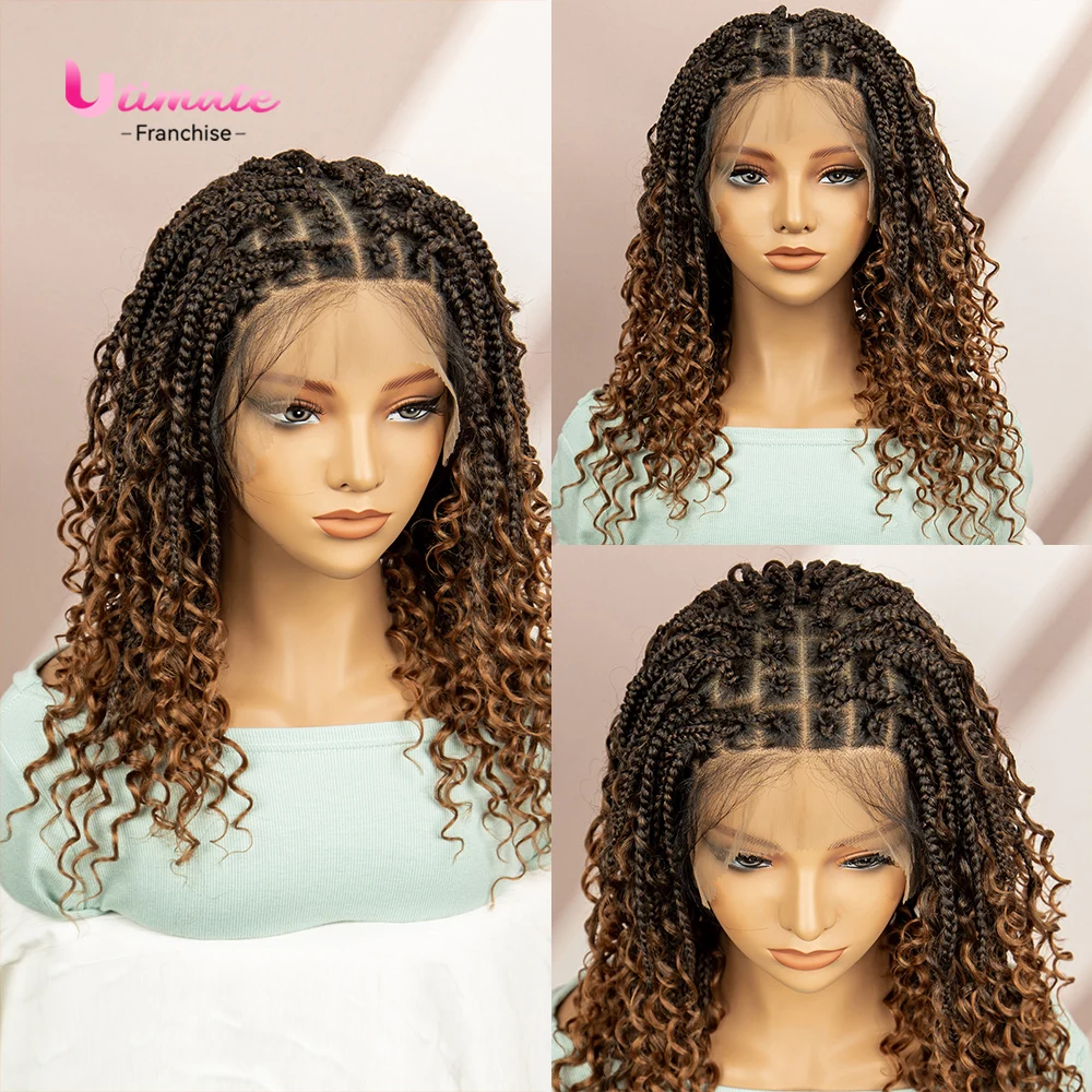 Short Box Braided Wigs Synthetic Boho Braids Wigs Full Lace Women Braided Wigs with Baby Hair Knotless Wigs Brown Natural Color