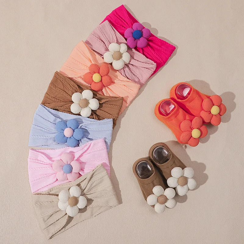 2Pcs Flower Baby Headband Socks Set Soft Nylon Hairband for Newborn Girl Elastic Floral Turban Short Sock Infant Headwear