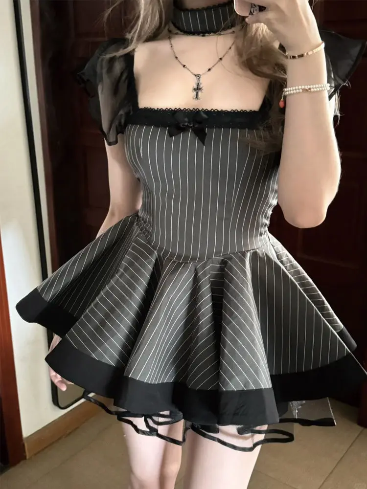 

Subculture Gothic Y2k Mini Dress Women Casual Striped Clothing Evening Party Dress Korean Fashion Japanese 2000s Vintage Dress