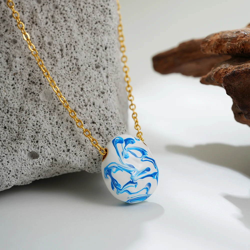 

Minimalist Trendy Oval Pendant Necklace for Women White and Blue Flower Enamel Pear-shaped Necklaces Female Jewelry Gifts