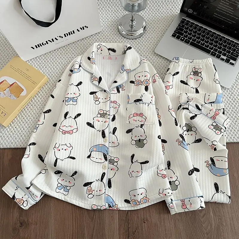 

Sanrio Pochacco Warm Winter Nightwear Kawaii Cartoon Women's Pajamas Long Sleeve Pant Nightgown Student Thermal Home Clothes Set