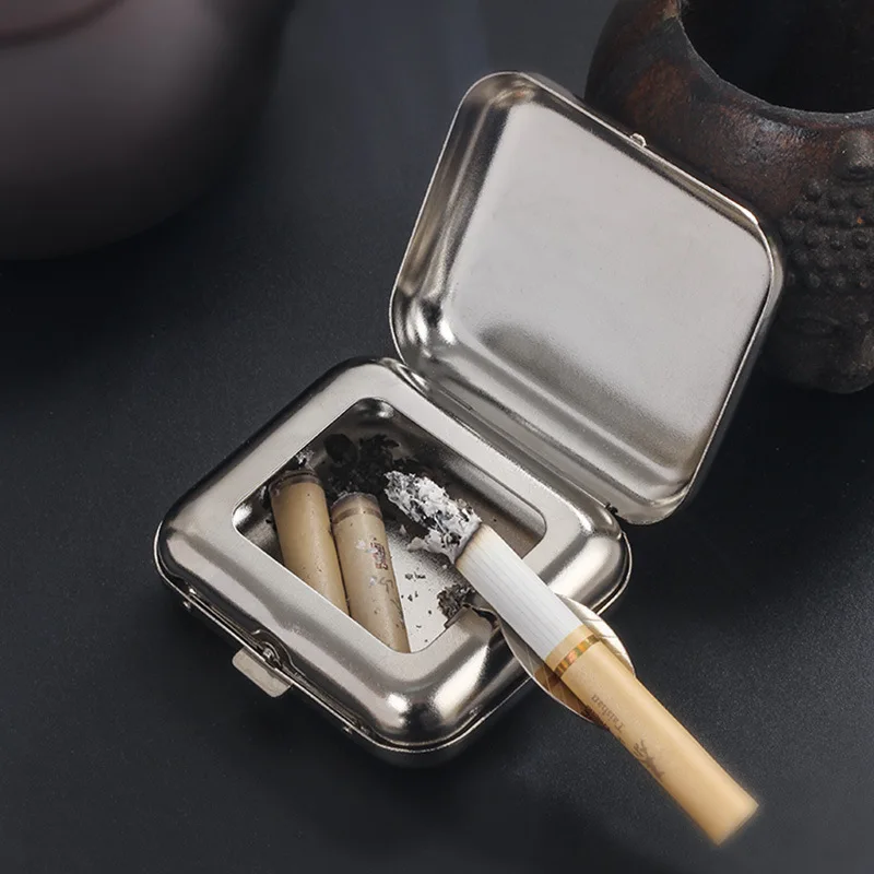 1PC Mini Metal Cigarette Sealed Ash Tray With Lids Portable Outdoor Travel Small Stainless Steel Square Pocket Ashtray