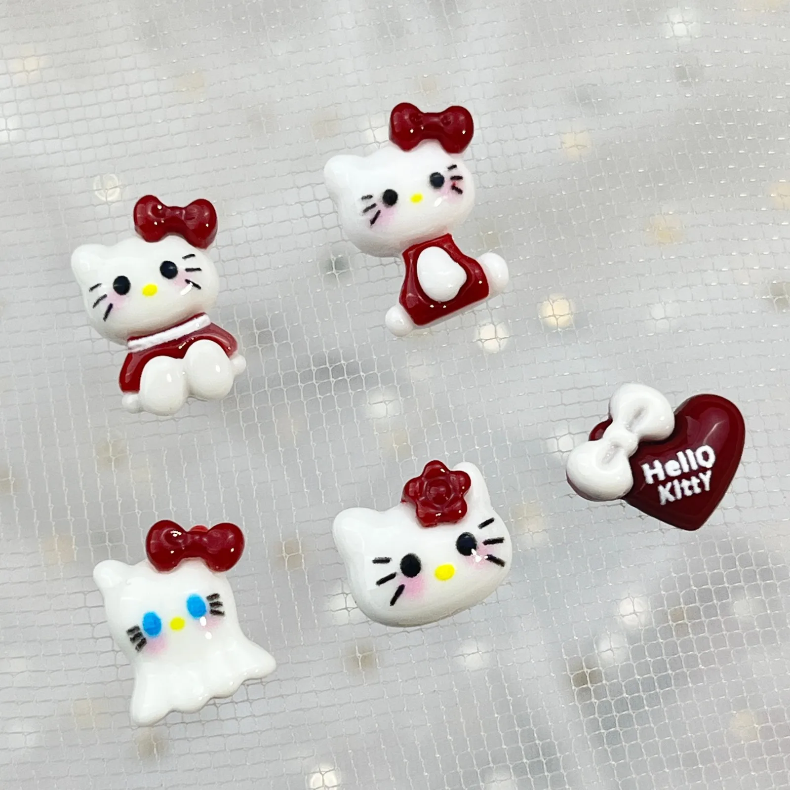 Anime Hello Kitty Kawaii Three-dimensional Nail Tips Patch Accessories Burgundy Love Bow Diy Handmade Nails Art Phone Case Decor