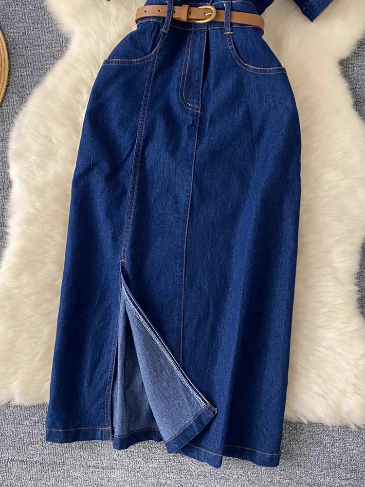 summer fashion Split denim dress package hip puff sleeve single-breasted women slim Square collar jeans dress