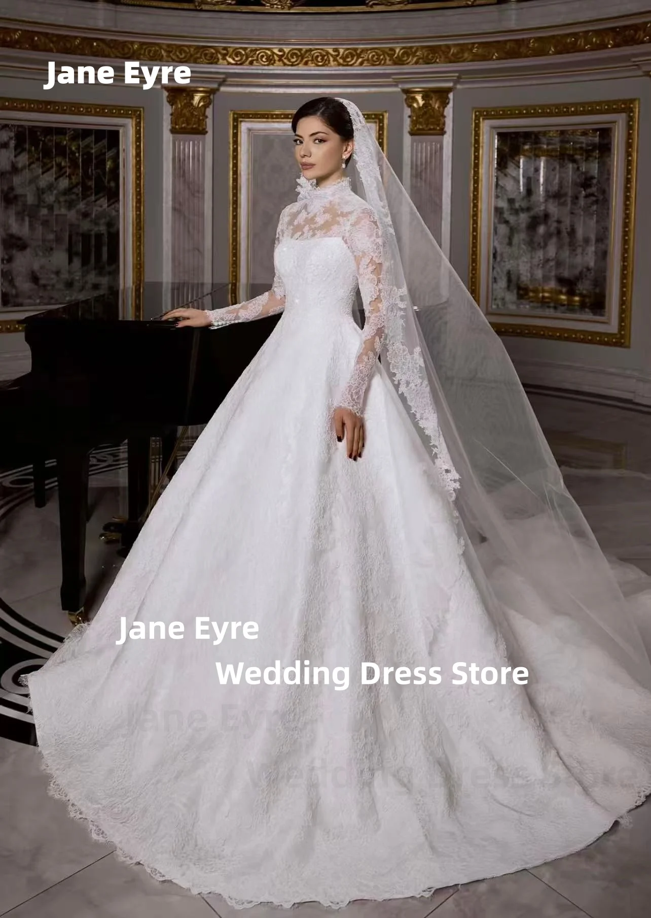 Jane Eyre Vestido de noiva elegante de alta qualidade com renda branca, mangas compridas, vestido de baile vintage, vestidos de noiva personalizados