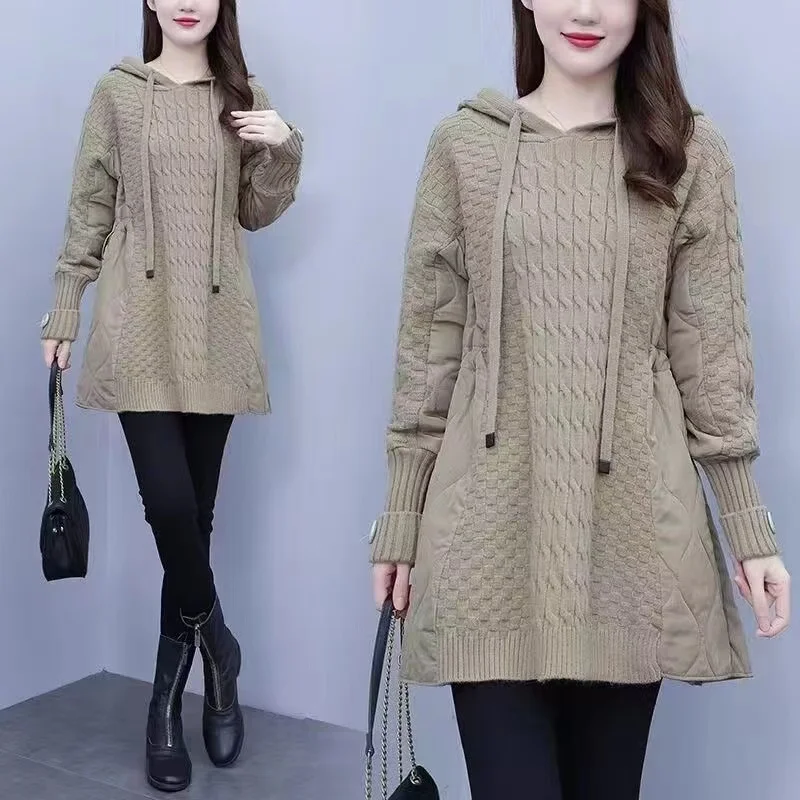 Autumn Winter Splicing Sweater Women Jacket Long Sleeves Hooded Loose knitted Sweater Coat 2023 New Female Thicken Warm Outerwea