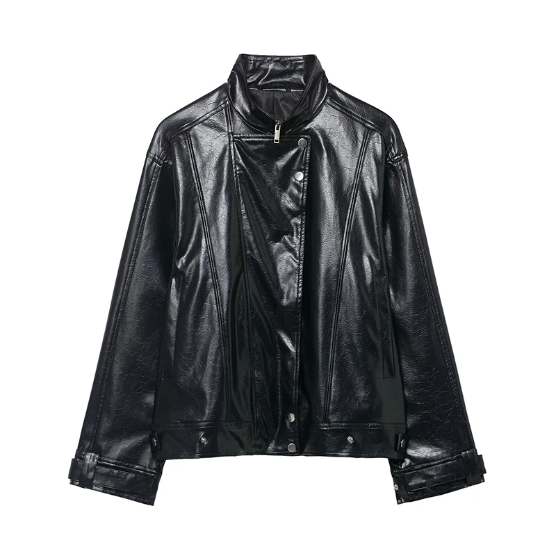 

European And American Style Black Loose Motorcycle Jacket For Women Autumn Winter High Neck Long Sleeve Bike Coat