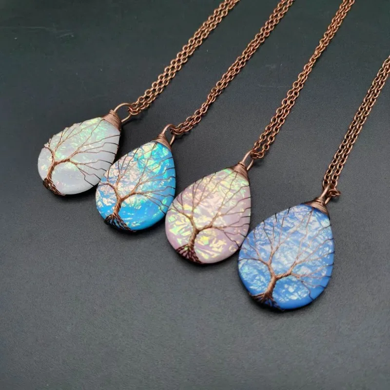 Vintage Handmade Copper Necklace Water Drop Life Tree Color-changing Pendant Ripple Resin Necklace