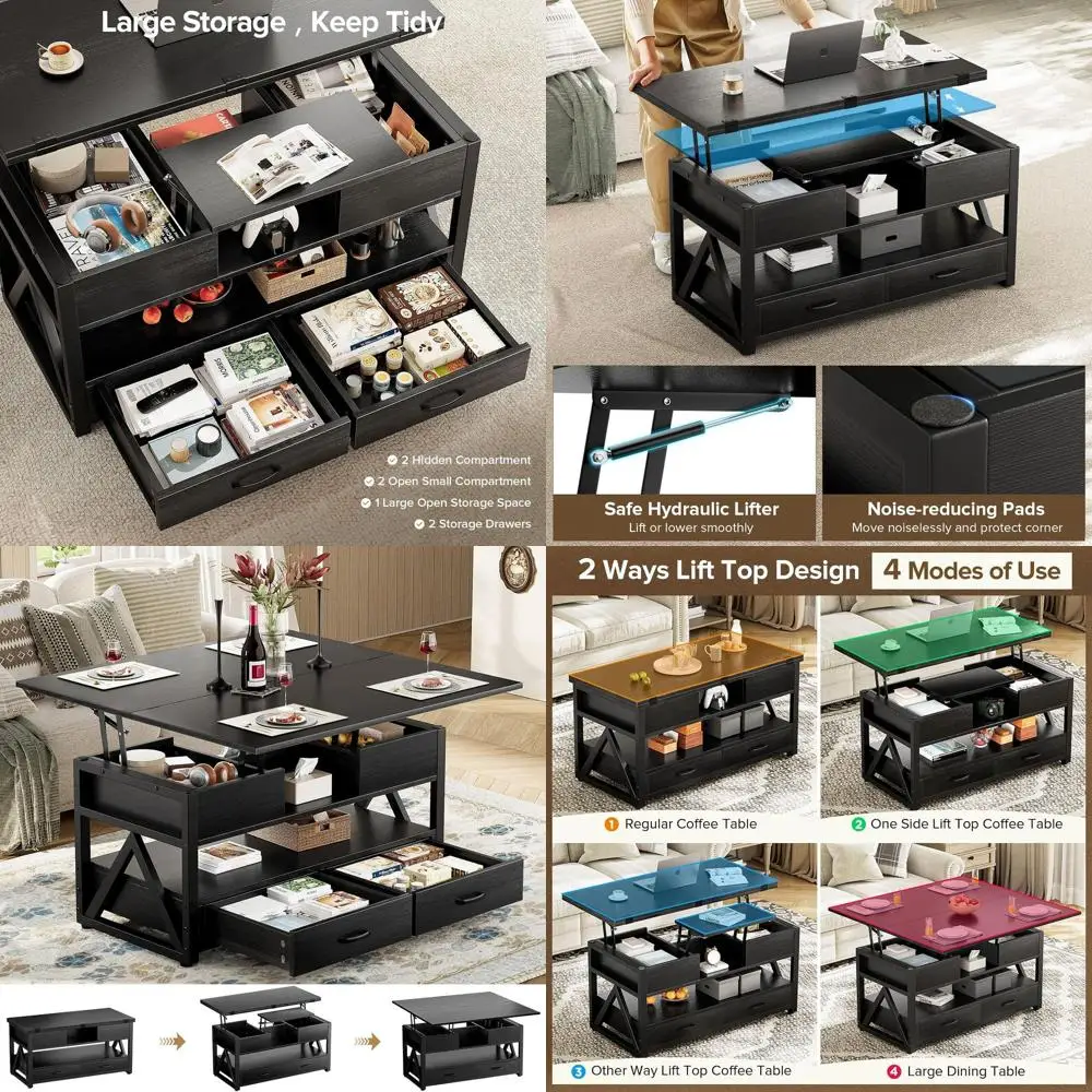 

40 LED Illuminated Coffee Table with Storage Drawers and Hidden Compartments, Versatile Living Room Furniture in Black