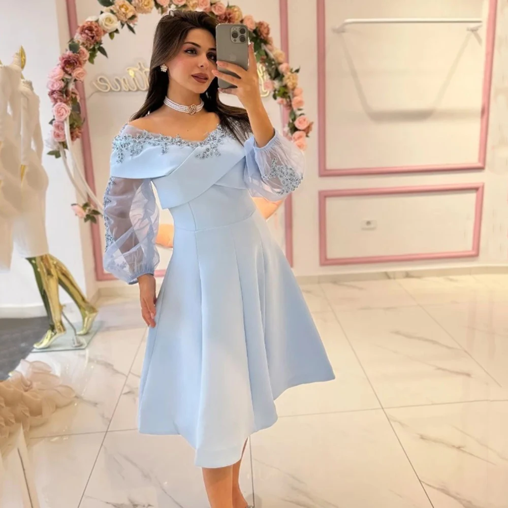 

Customized Sky Blue V-neck Jersey Appliques A-line Party Dress Draped Full Sleeves Knee Length Prom Gown Elegant فساتين سهرة